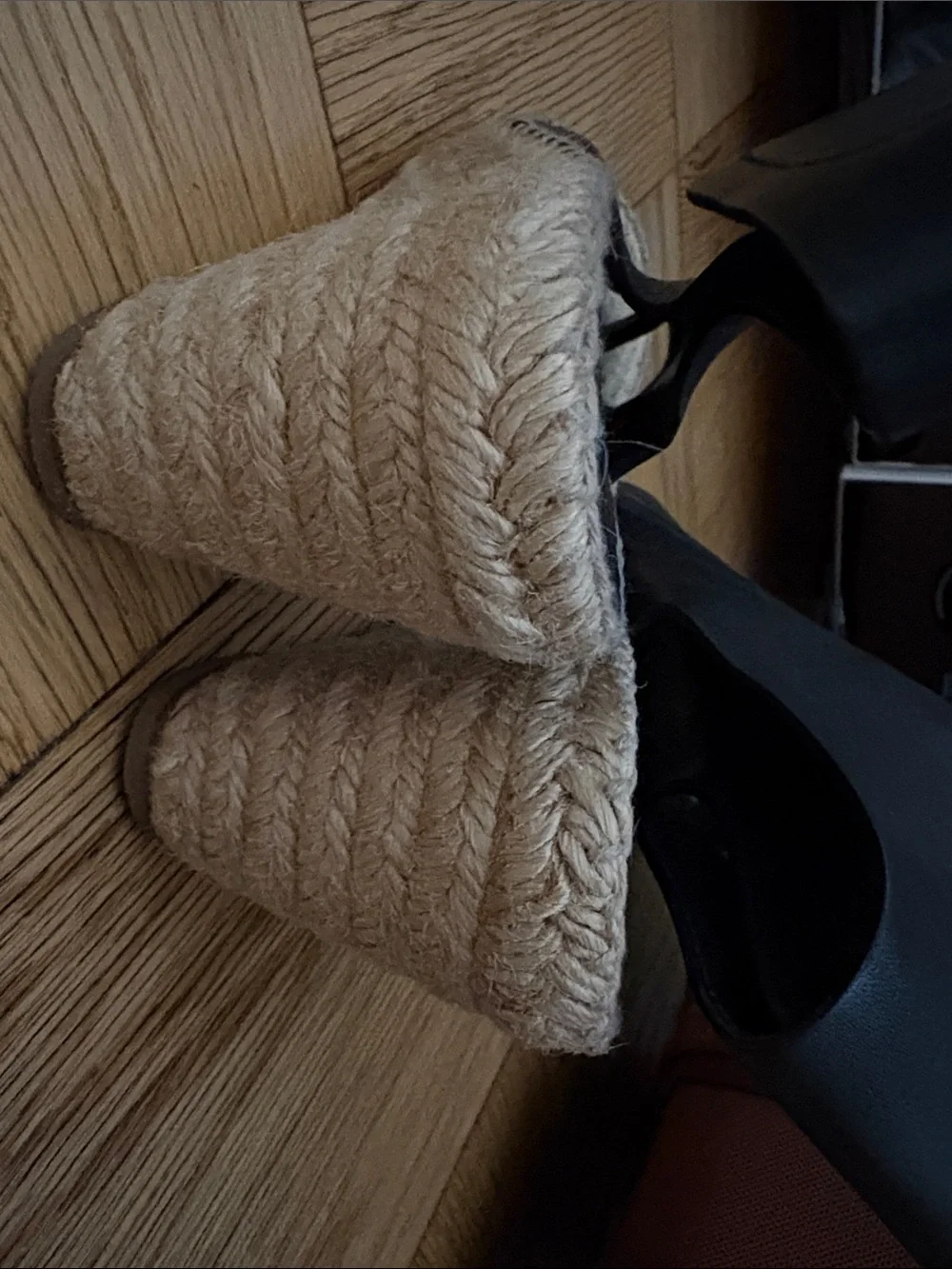 CELINE Black Leather Open-Toe Thong Espadrille Wedge Sandal 37